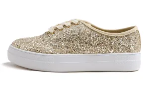 Feversole Women's Fashion Dress Sneakers Party Bling Casual Flats Embellished Shoes Light Gold Platform Glitter Lace